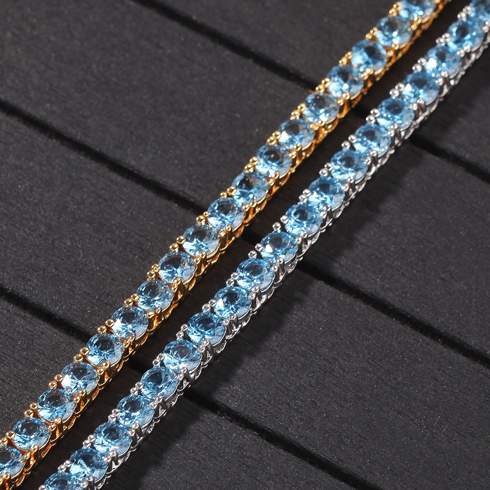 Iced Out Blue Cubic Zirconia Tennis Chain Necklace for Women & Men, Gold Plated or Silver Plated Round Statement Pendant Chain