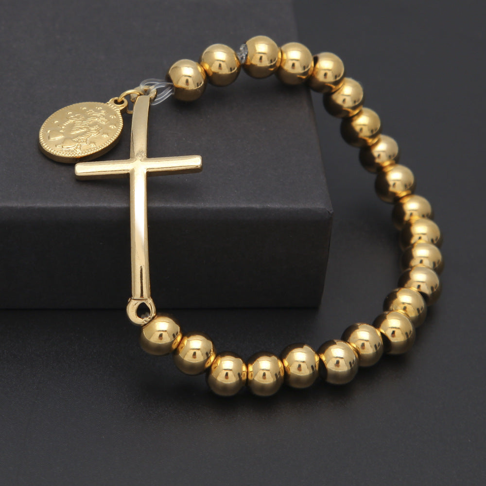 Gold Plated Stainless Steel Cross Beaded Bracelet with Round Charm for Women & Men