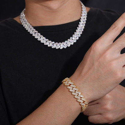 Unisex Iced Out Cuban Link Chain Necklace Bracelet Set - Triple Row Diamond Look Streetwear Jewelry