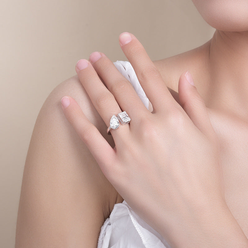 925 Silver Moissanite Open Ring for Women, Double Stone Pear and Emerald Cut, 3+3 Carat Style product image