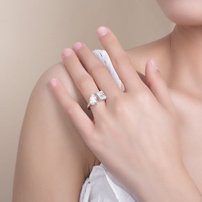 925 Silver Moissanite Open Ring for Women, Double Stone Pear and Emerald Cut, 3+3 Carat Style