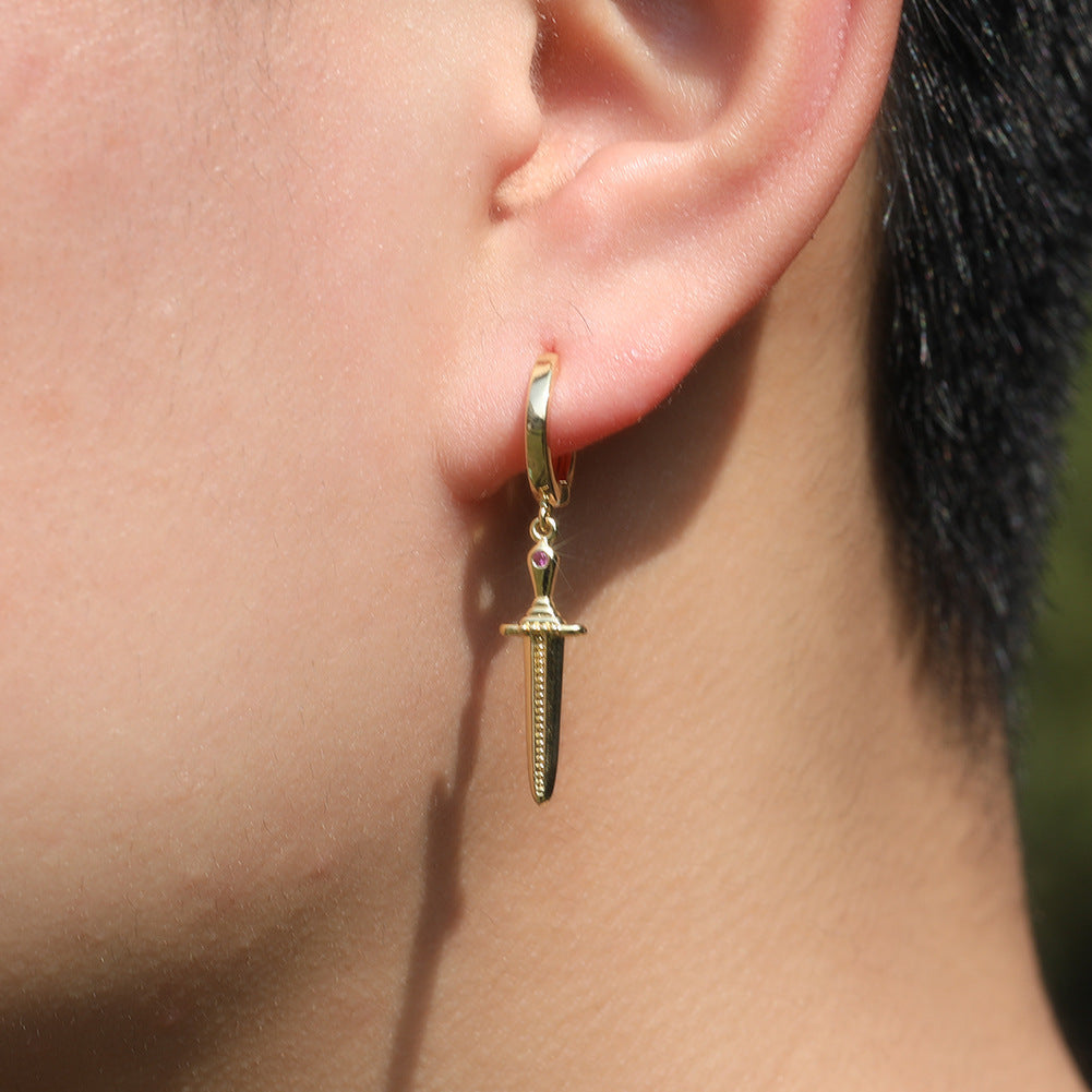 Unisex Hip Hop Dagger Hoop Earrings with Cubic Zirconia Accents in Gold and Silver Tone product image