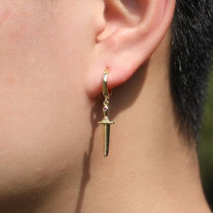 Unisex Hip Hop Dagger Hoop Earrings with Cubic Zirconia Accents in Gold and Silver Tone