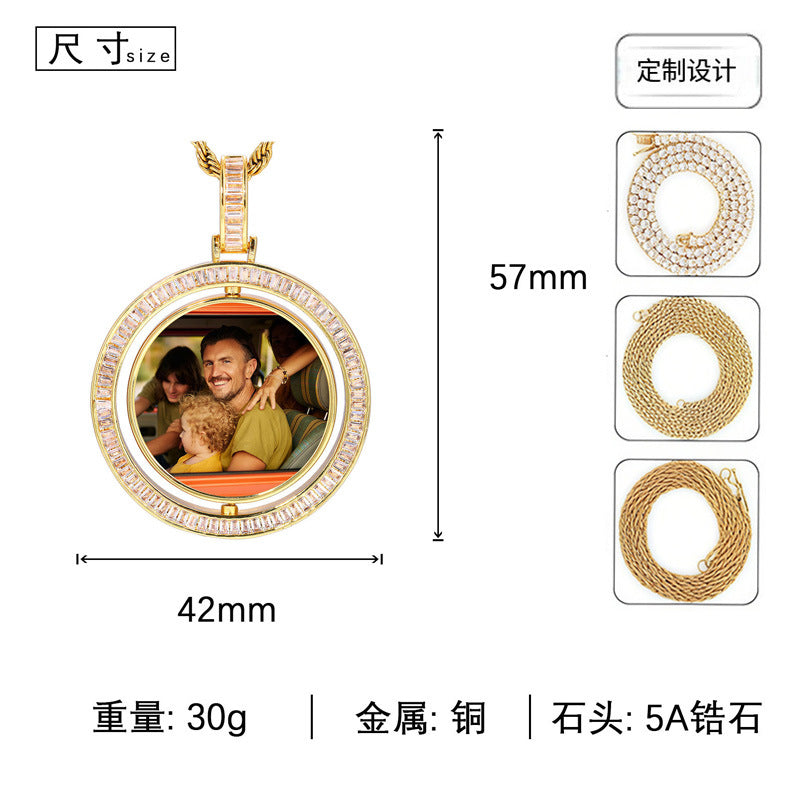 Iced Out Round Photo Pendant Necklace with Cubic Zirconia Rope Chain for Women and Men product image