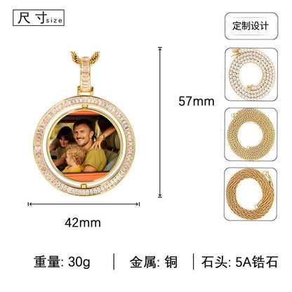 Iced Out Round Photo Pendant Necklace with Cubic Zirconia Rope Chain for Women and Men