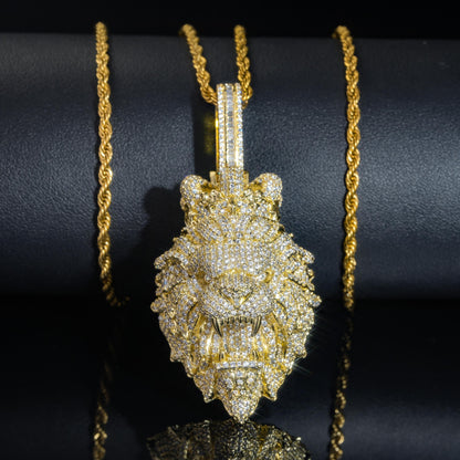 Lion Head Cubic Zirconia Pendant Necklace, Cuban Chain Streetwear Hip Hop Jewelry, 24 Inch Twisted Chain, White Tone / Yellow Tone