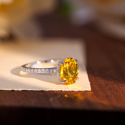 Oval Yellow Gemstone Ring for Women, S925 Silver 18K Gold Plated