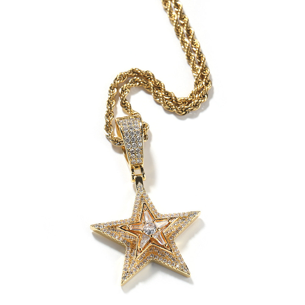 Rotating Star Pendant Necklace with Cubic Zirconia Twisted Chain for Women and Men
