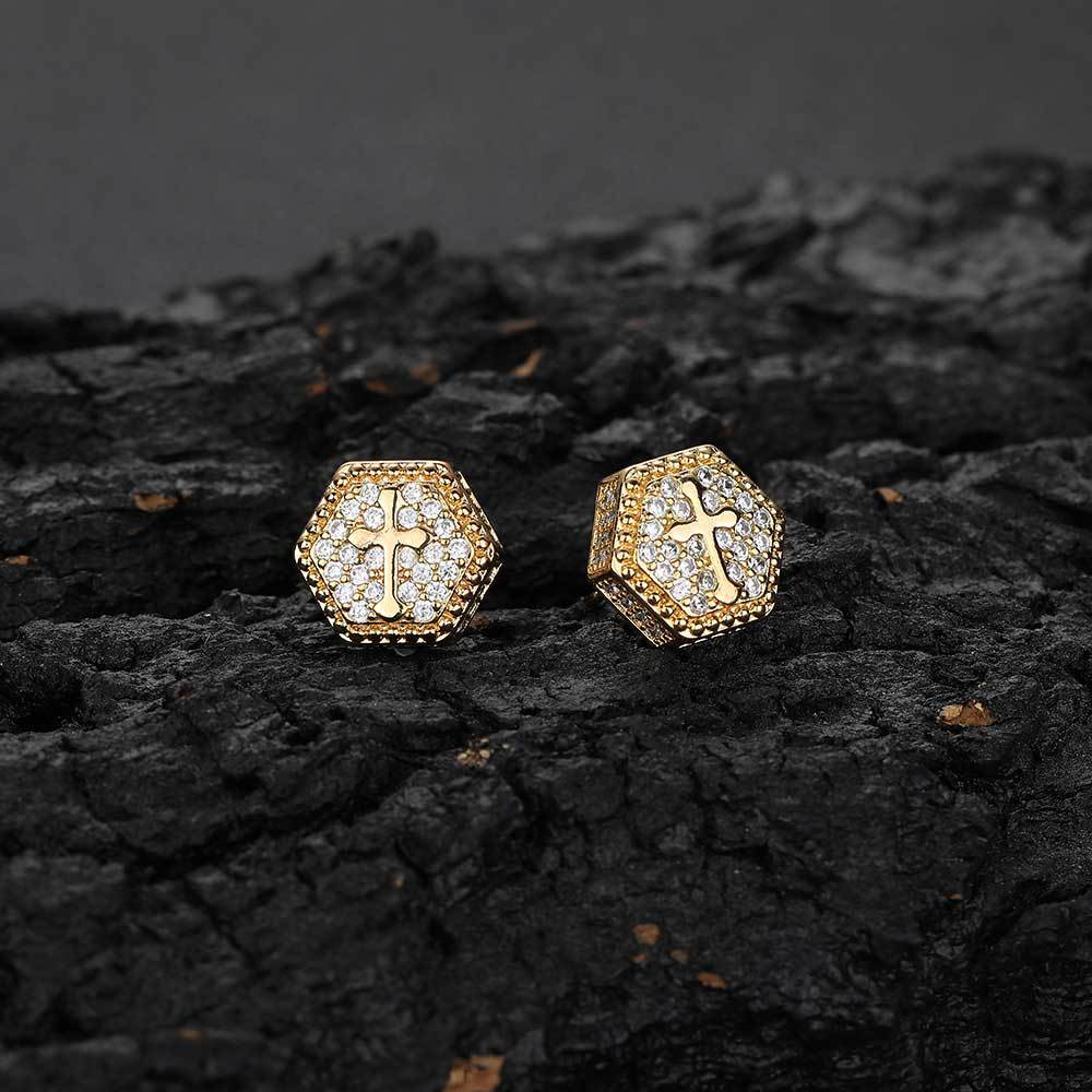 Hexagon Cross CZ Stud Copper Earrings in Selectable Colors and Sizes - EAR022 product image