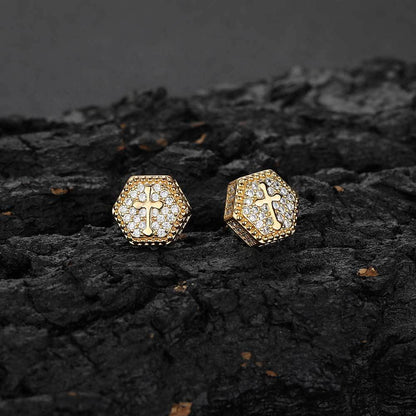 Hexagon Cross CZ Stud Copper Earrings in Selectable Colors and Sizes - EAR022