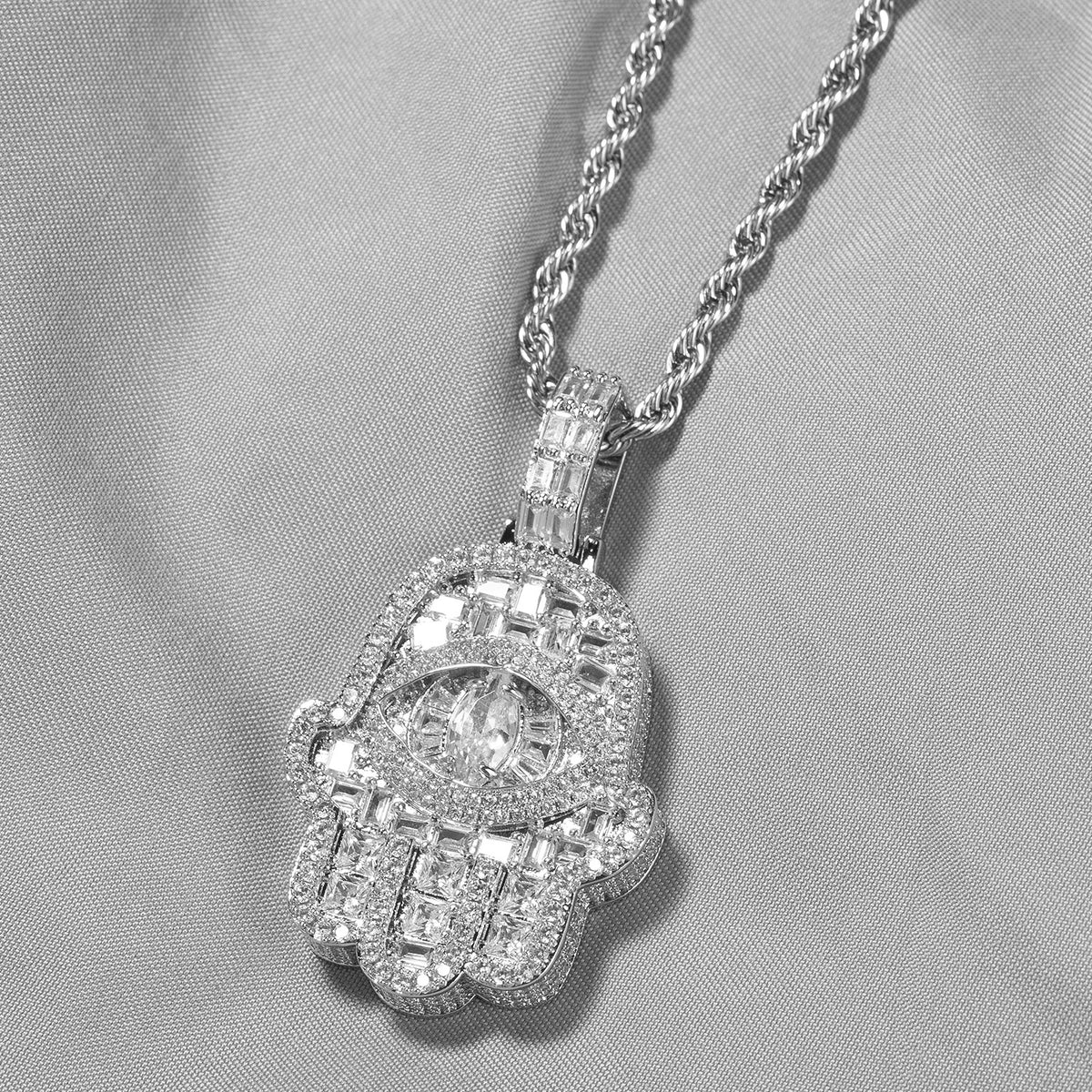 Iced Eye Hand Pendant Necklace with Cubic Zirconia Twist Chain for Women and Men product image