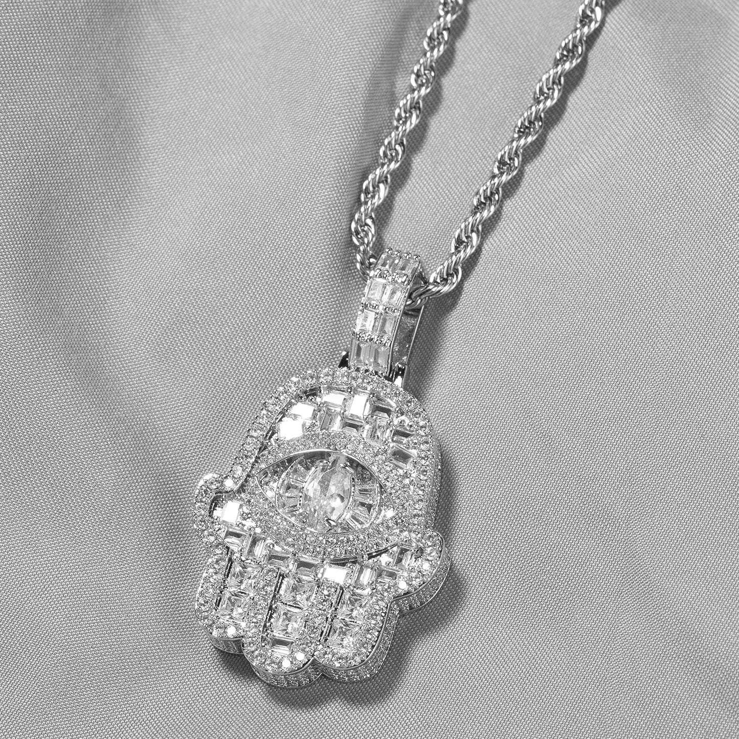 Iced Eye Hand Pendant Necklace with Cubic Zirconia Twist Chain for Women and Men