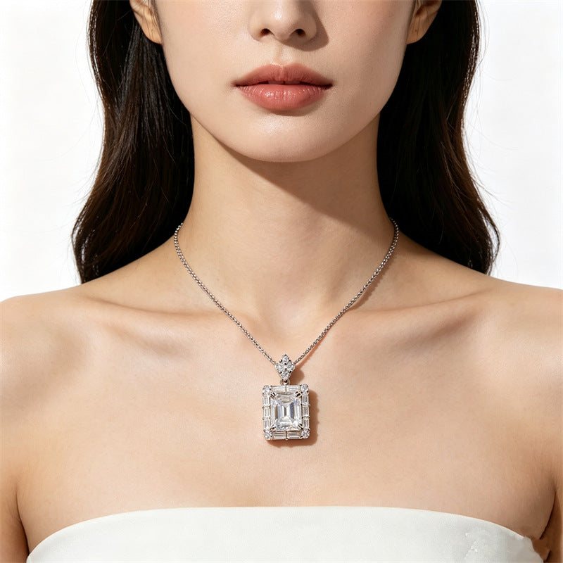 5 Carat D Color Moissanite Pendant Necklace with Chain, Emerald Cut Halo Necklace product image