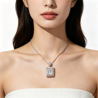 5 Carat D Color Moissanite Pendant Necklace with Chain, Emerald Cut Halo Necklace