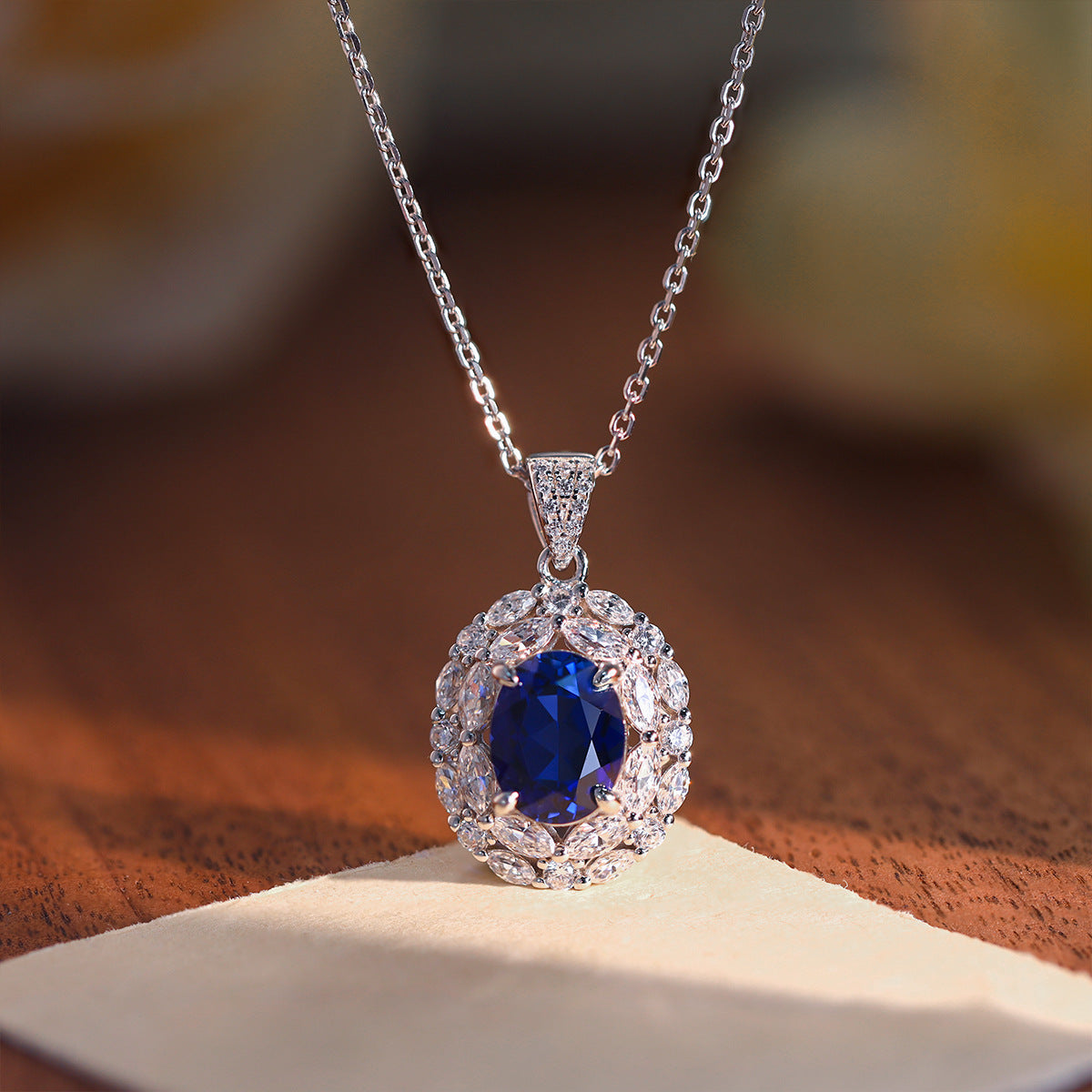 925 Silver Royal Blue Oval Halo Necklace Set with Stud Earrings and Ring product image