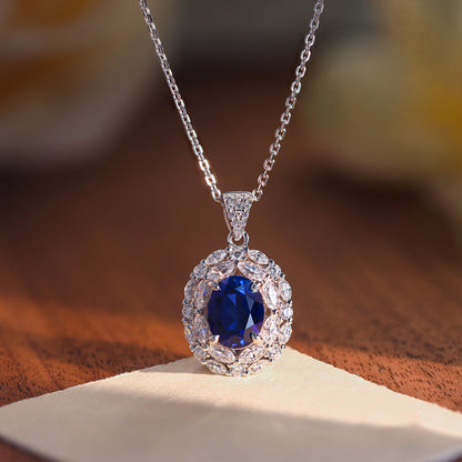 925 Silver Royal Blue Oval Halo Necklace Set with Stud Earrings and Ring