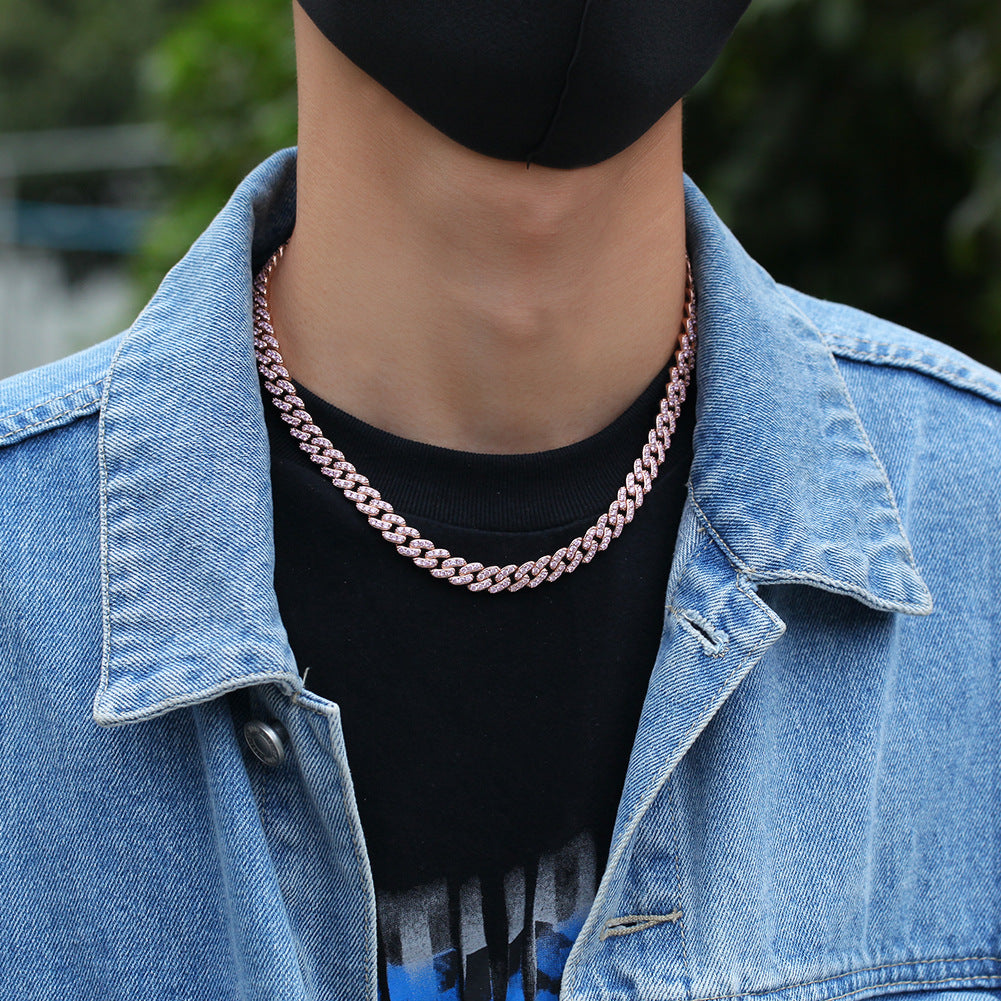 Pink & Clear Cubic Zirconia Cuban Link Necklace Bracelet & Anklet Set for Women and Men, Rose Gold Plated Statement Chain Jewelry