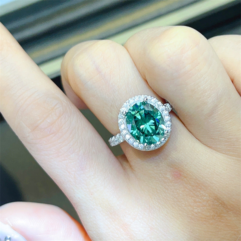 Green Moissanite Halo Ring for Women, Oval Cut Micro Pave Engagement Ring, 1CT 2CT 3CT 5CT product image