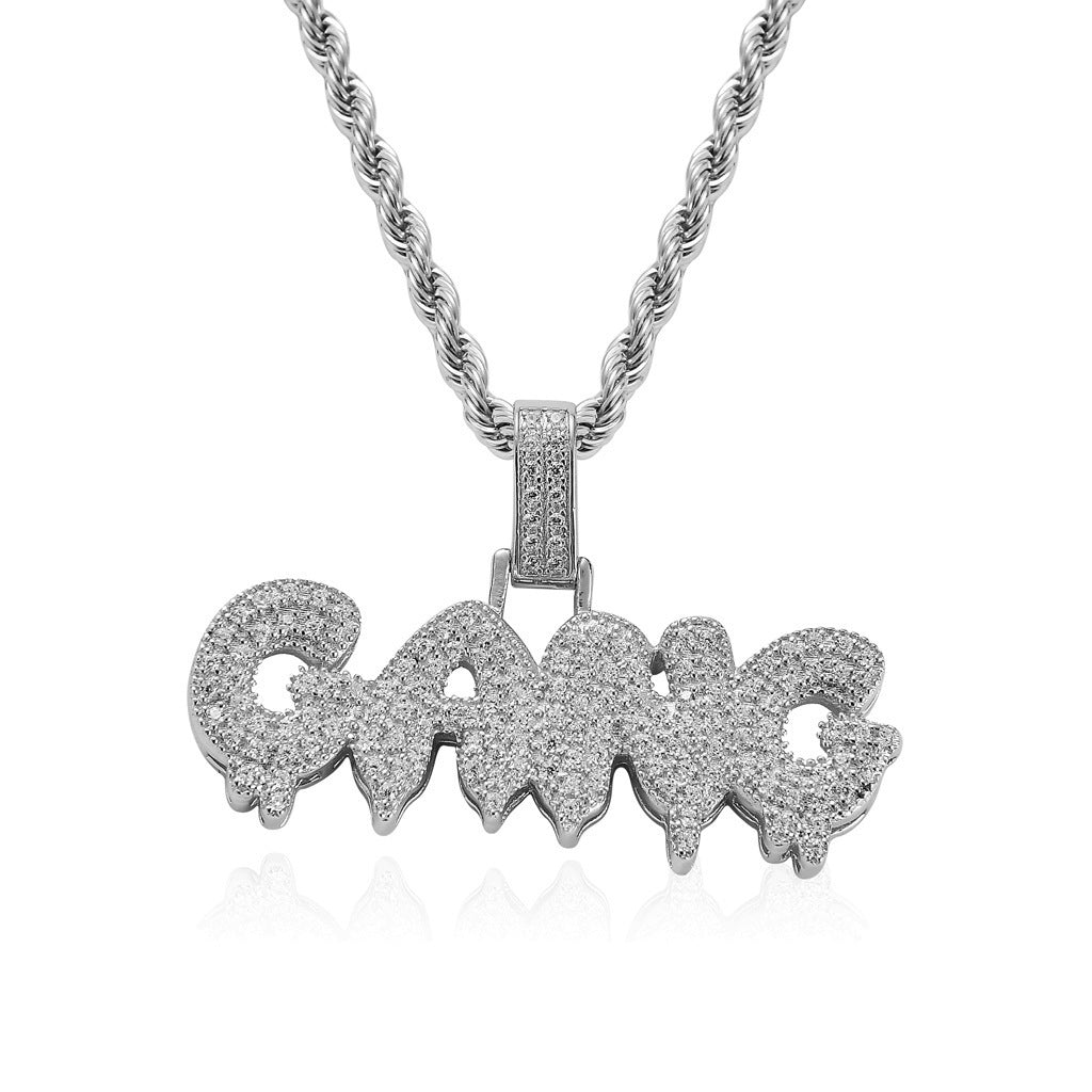 Hip Hop Letter Teardrop Cubic Zirconia Pendant Necklace for Men and Women