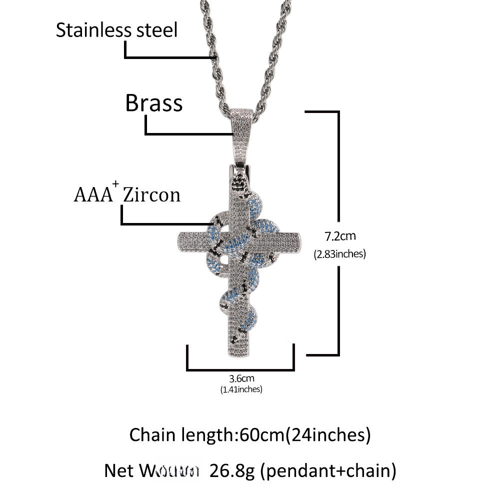 Silver Plated Iced Out Snake Cross Pendant Necklace with Cubic Zirconia Twisted Chain for Women