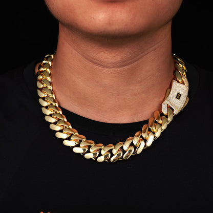 Gold-Tone Cuban Link Chain Necklace & Bracelet Set with Cubic Zirconia Clasp