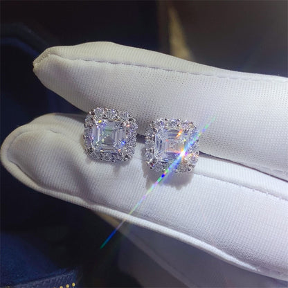Asscher Cut Moissanite Stud Earrings 2CT Halo Square Earrings for Women