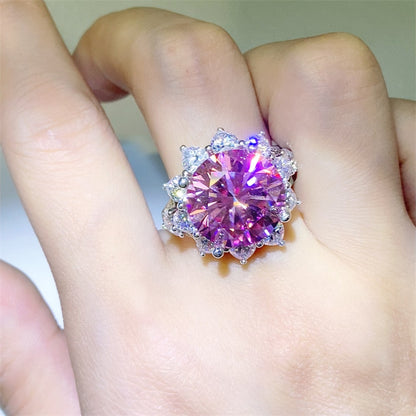 Pink Moissanite Halo Ring for Women, Round Statement Engagement Ring, 3 Carat or 10 Carat, Sizes 9-20