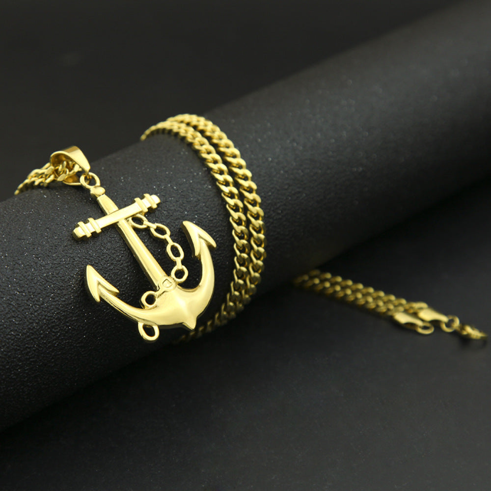Gold Plated Stainless Steel Anchor Pendant Necklace with 5mm Cuban Chain for Women & Men