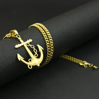Gold Plated Stainless Steel Anchor Pendant Necklace with 5mm Cuban Chain for Women & Men