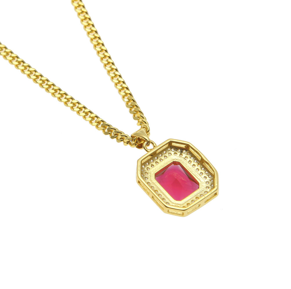 Gold Plated Blue Cubic Zirconia Rectangle Pendant Necklace with 60cm Cuban Chain