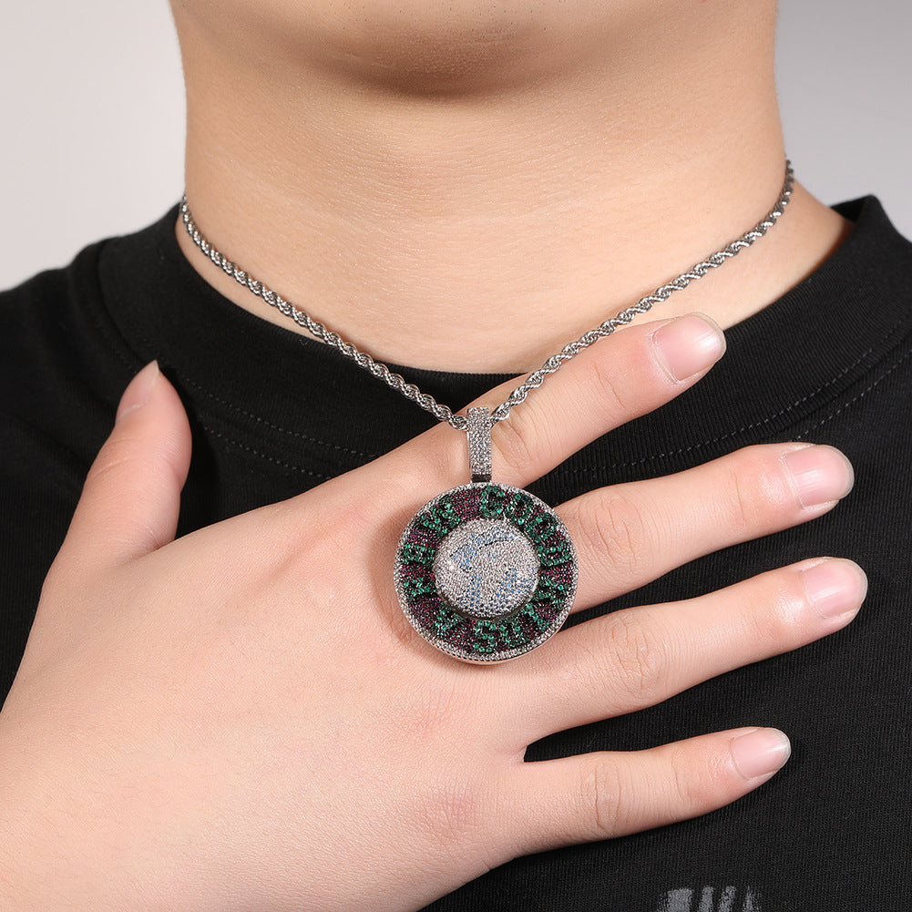 Iced Out Round Pendant Necklace with Cubic Zirconia Hip Hop Chain for Women and Men
