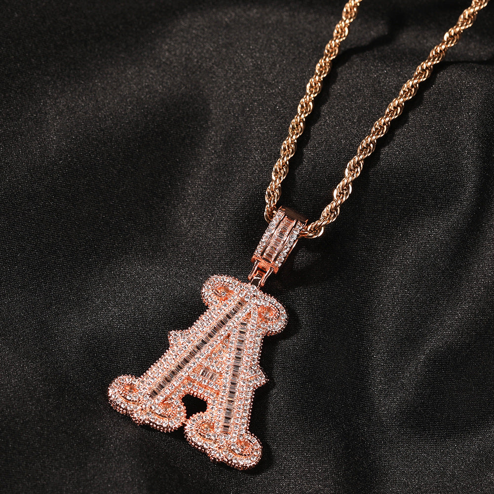 Iced Bubble Letter Pendant Necklace for Women & Men – Cubic Zirconia Initial Chain in Gold, Silver & Rose Gold, 24 Inch Twist Chain