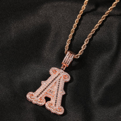 Iced Bubble Letter Pendant Necklace for Women & Men – Cubic Zirconia Initial Chain in Gold, Silver & Rose Gold, 24 Inch Twist Chain