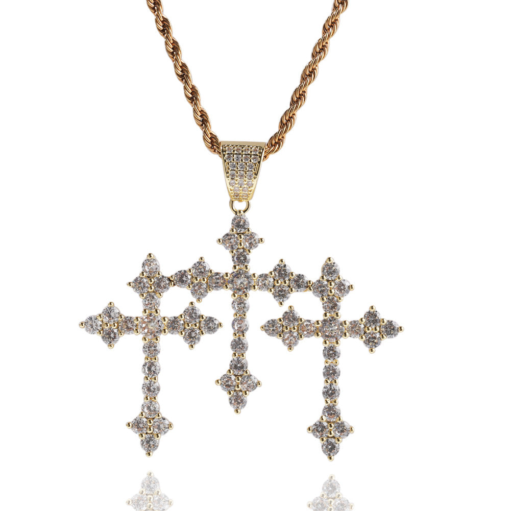 Iced Out Cross Pendant Necklace for Women and Men - Gold Plated or Silver Plated Cuban Style Twist Chain with Cubic Zirconia Statement Pendant