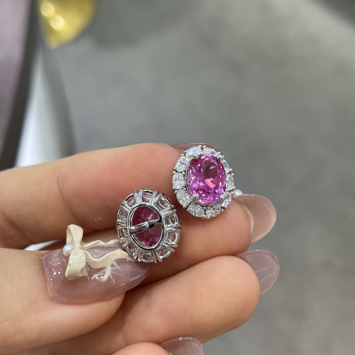 925 Silver Oval Pink Sapphire Halo Stud Earrings product image