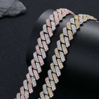 Iced Out Cuban Link Chain Necklace Bracelet in Rose Gold Tone, 14mm Hip Hop Statement Jewelry