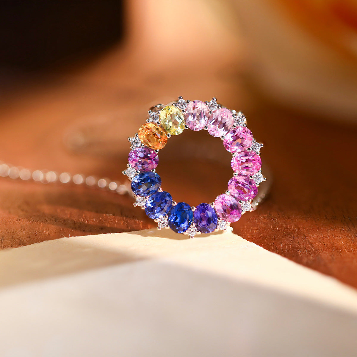Rainbow Circle Pendant Necklace, S925 Silver Colored Stone Halo for Women product image