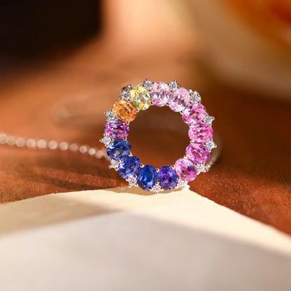 Rainbow Circle Pendant Necklace, S925 Silver Colored Stone Halo for Women