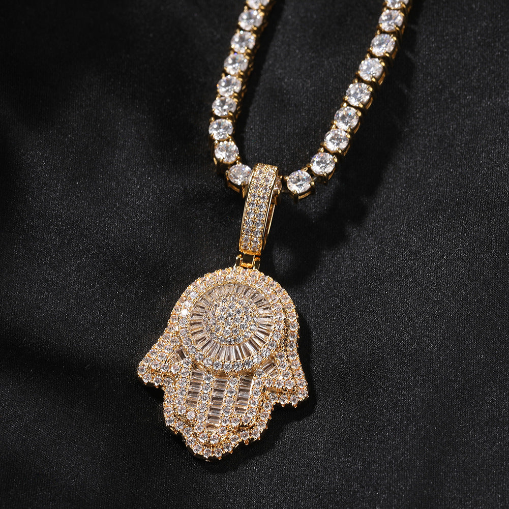 Iced Hamsa Hand Pendant Necklace with Cubic Zirconia Rope Chain for Women