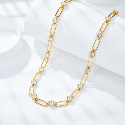 18K Gold Paperclip Link Moissanite Necklace, Round Stone Station Chain