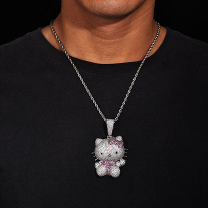 Iced Out Cartoon Cat Pendant Necklace with Cubic Zirconia in White Gold Tone