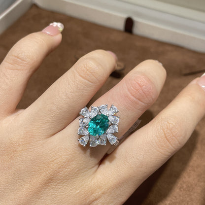 Green Oval Halo Wedding Ring for Women, S925 Silver Gold-Plated Paraiba-Style Ring