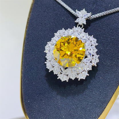 10 Carat Yellow Moissanite Pendant Necklace with Floral Halo Chain