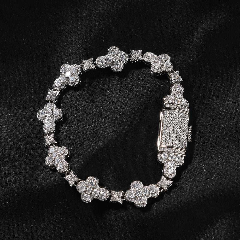 Unisex Cross Flower Cubic Zirconia Bracelet - Gold Plated or Silver Plated Hip Hop Statement Chain, 7 inch / 8 inch