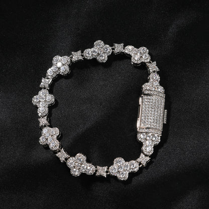 Unisex Cross Flower Cubic Zirconia Bracelet - Gold Plated or Silver Plated Hip Hop Statement Chain, 7 inch / 8 inch