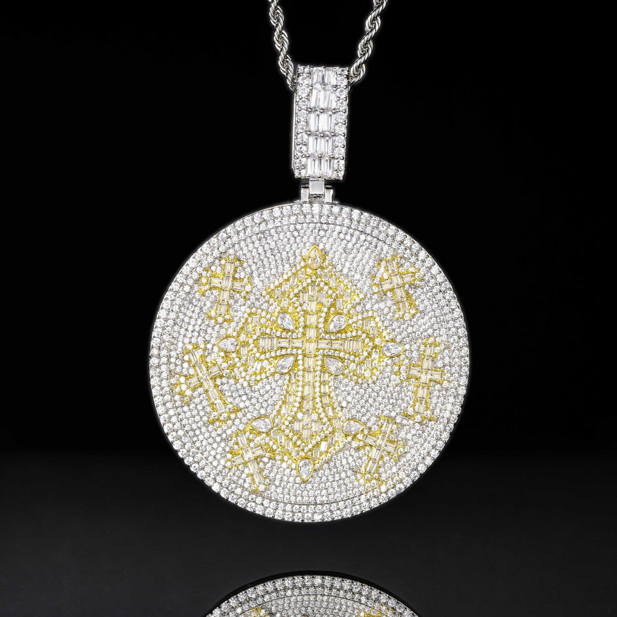 Moissanite Cross Pendant Necklace, Round Disc Iced-Out Rope Chain product image