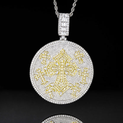 Moissanite Cross Pendant Necklace, Round Disc Iced-Out Rope Chain
