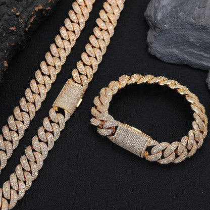 15mm Iced Out Cuban Link Chain Bracelet Necklace, Unisex Hip Hop Jewelry