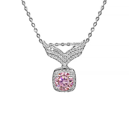 S925 Moissanite Angel Wings Pendant Necklace, Box Chain, Multicolor Stone Options