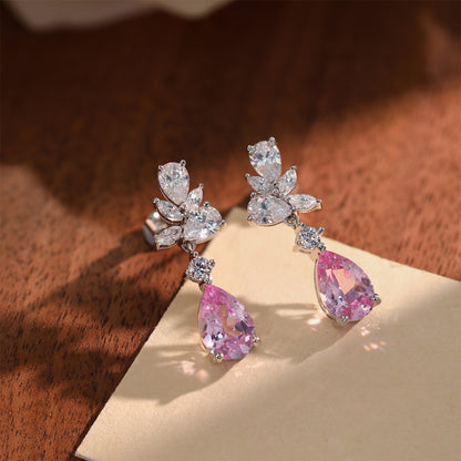 Pink Teardrop Drop Earrings for Women, Floral Crystal Stud Dangle Earrings